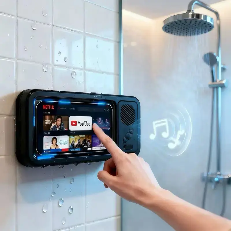 Bathroom Waterproof Portable Phone Mount with Bluetooth Sound, 360° Rotatable Phone Stand, Plastic Body, Hands-Free Adjustable Touch Sensor Accessory for Smartphones