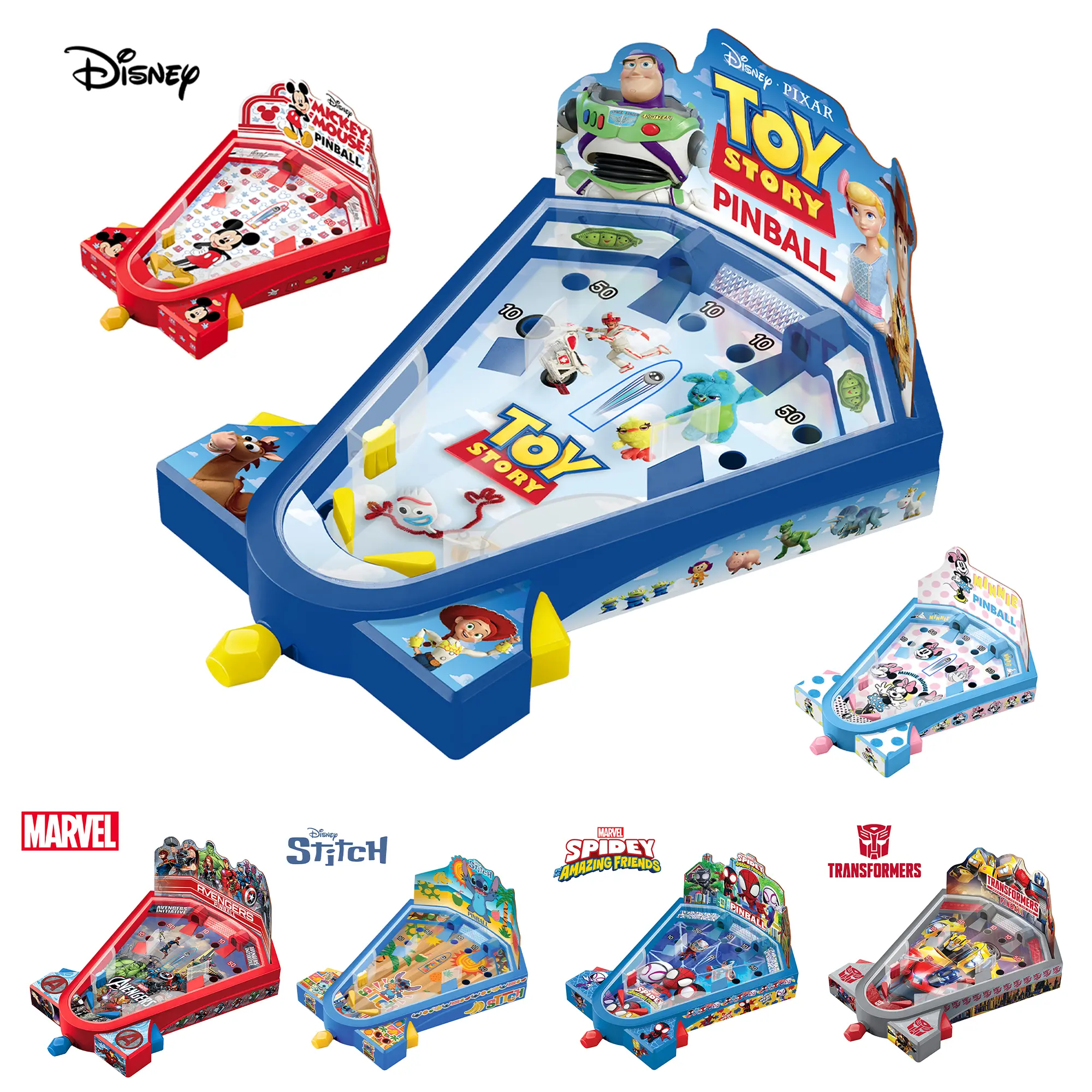 World Tech Toys Mini Tabletop Pinball Toy – Spidey and His Amazing Friends, Spider-Man (Marvel), Toy Story, Stitch & Transformers – Interactive Kids Game with Working Paddles & Launcher