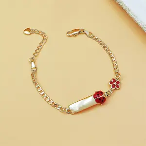 New Arrival - Cute Ladybug & Floral Girl Bracelet | Golden-Tone Copper with Red & Pink Flowers, 18K Golden Plated | Versatile Casual Attire & Holiday Gift for Valentine's Day, Thanksgiving, Graduation, Cute Bracelets