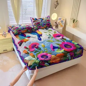 Colorful Hummingbird Garden Fitted Sheet Set, Includes One Bedspread and Two Pillowcases Without Core, Boho Colorful Bright Flowers & Birds Soft Bedcap, Artistic Vibrant Botanical Print Bed Cover, Floral