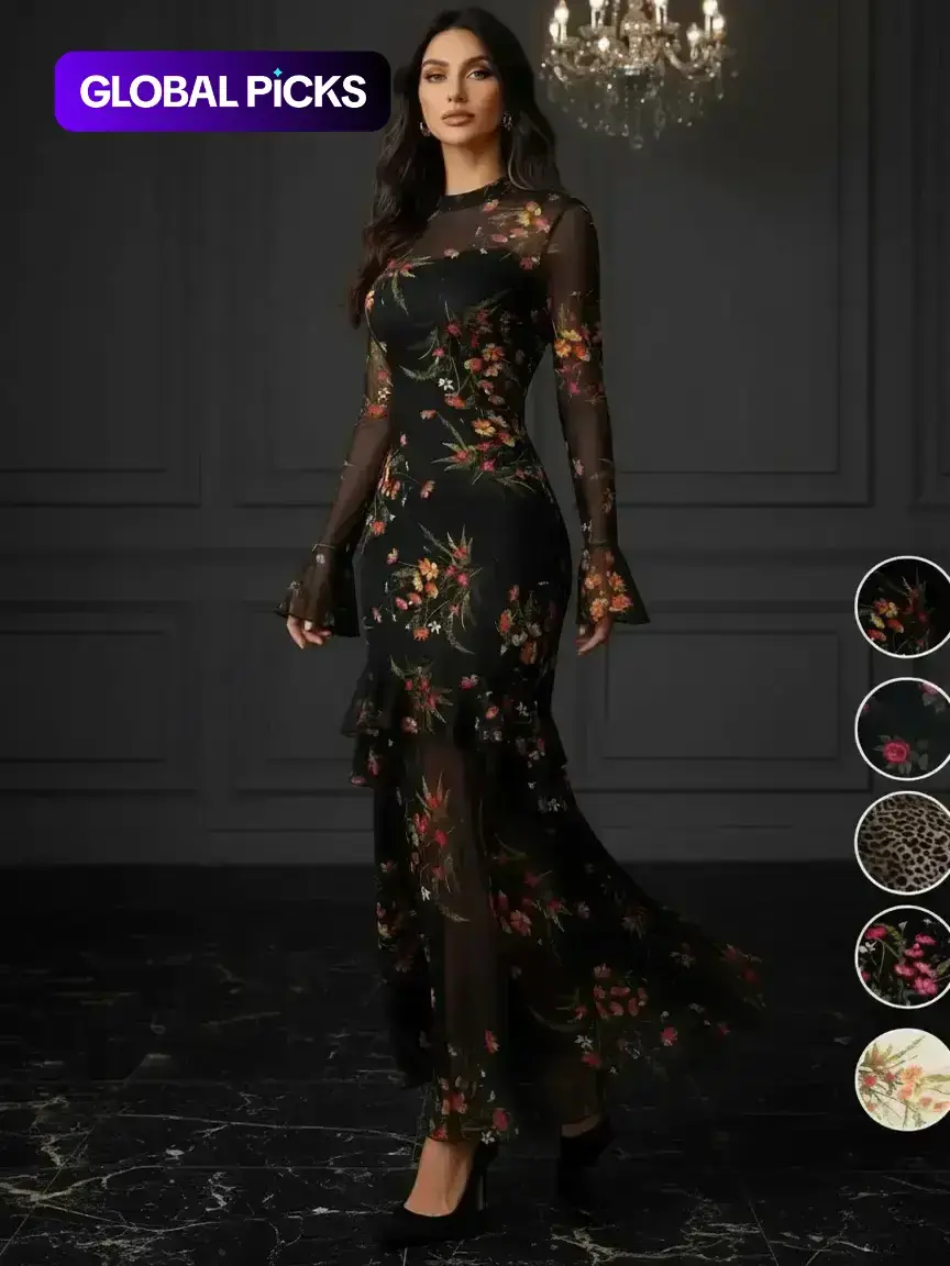 Women's Floral-Print Fitted Dress, Elegant Feminine Vintage Gothic Aesthetic Flared Long Sleeve Dress for Party Holiday Wedding Guest, Ladies' Clothes for All Seasons, Elegance, Garden Formal Dresses for Wedding Guest
