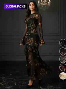 women's floral print dress, elegant gothic long sleeve dress for party holiday wedding guest, ladies clothes for all seasons