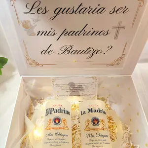 Les gustaria ser mis padrinos de bautizo? gift box for godparents with two glasses 16oz