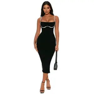 Deceo Dress Black - Elegant Spaghetti Strap Bodycon Midi Dress for Women