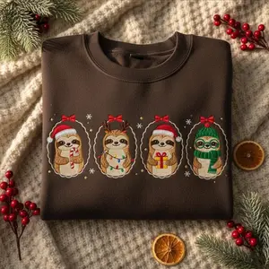 Christmas Sloth Embroidered Sweatshirt | Festive Animal Embroidery Sweater | Cute Holiday Xmas Crewneck