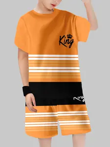 Kids 2 Piece Outfits Orange Stripe King Crown Print Boys Summer Short Sleeve T Shirt + Shorts Set Casual Streetwear Theme Breathable Casual Clothes for School Daily Cool Personality Kids Clothing