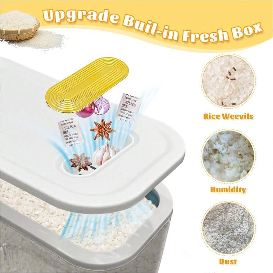 A large-capacity rice storage container with a measuring cup, moisture-proof and insect-proof sealed storage container, suitable for storing rice, grains, flour, dog food, pet food, household sealed rice container, and household kitchen supplies