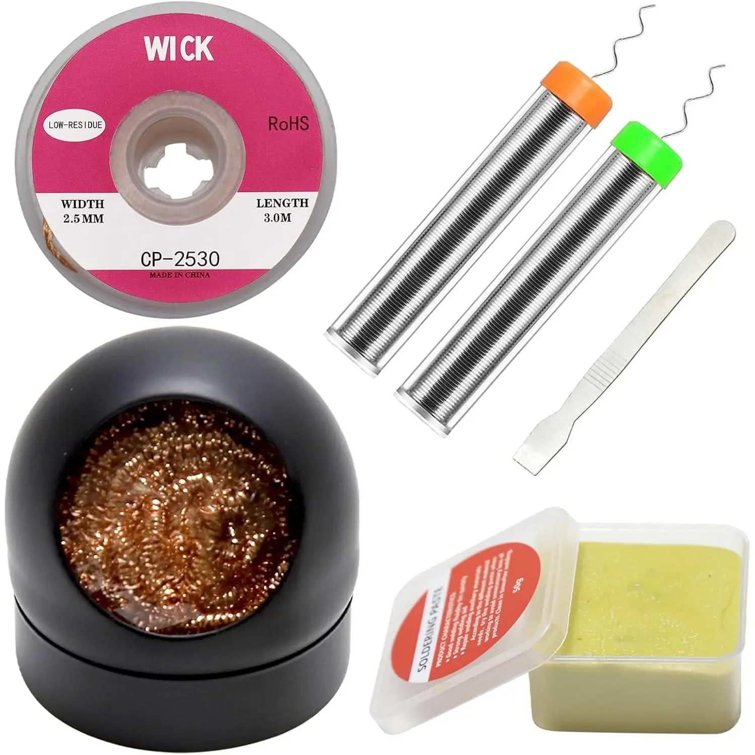 6-in-1 solder kit, soldering iron tip cleaner +1.0mm solder wire(11g*2pcs)+Rosin Solder Flux Paste (1.75 oz/50g), desoldering wick (2.5 * 3.0mm,9.8ft) Stainless steel scraper stir welding tool