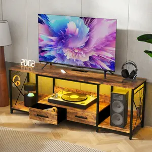 [Bellemave]TV Stand with LED Lights Power Outlets  -  TV Stand with Fabric Drawers for 65 70 75 Inches TV - Entertainment Center and Industrial TV Console Table with Open Storage Shelves for Living Room, Bedroom