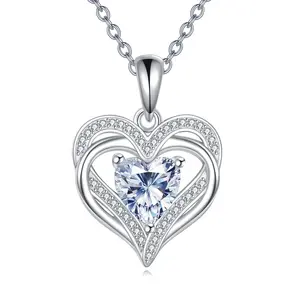 Moissanite Love Heart Necklace Sterling Silver Heart Pendant 1 Carat Jewelry Gifts for Women Men