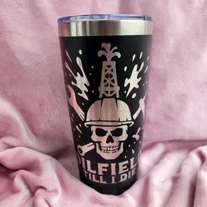 20oz Engraved Tumbler Oilfield Till I Die with Skull and Hard Hat Design on Black Background