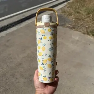 Lemon Floral 30oz Stainless Steel Water Bottle Leakproof Built In Straw Travel Tumbler