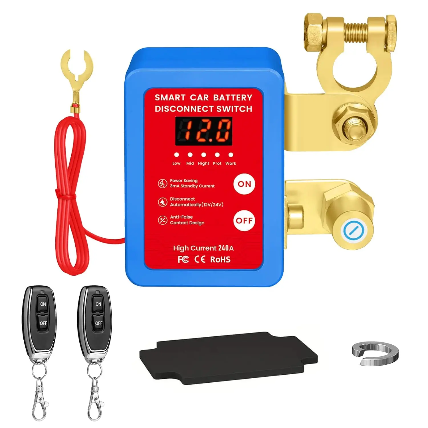 Remote Battery Disconnect Switch 12V, 240A Kill Switch for Car with Voltage Display & Automatic Power Shut Off, Anti Theft Battery Cut Off Switch for Vehicle RV Boat