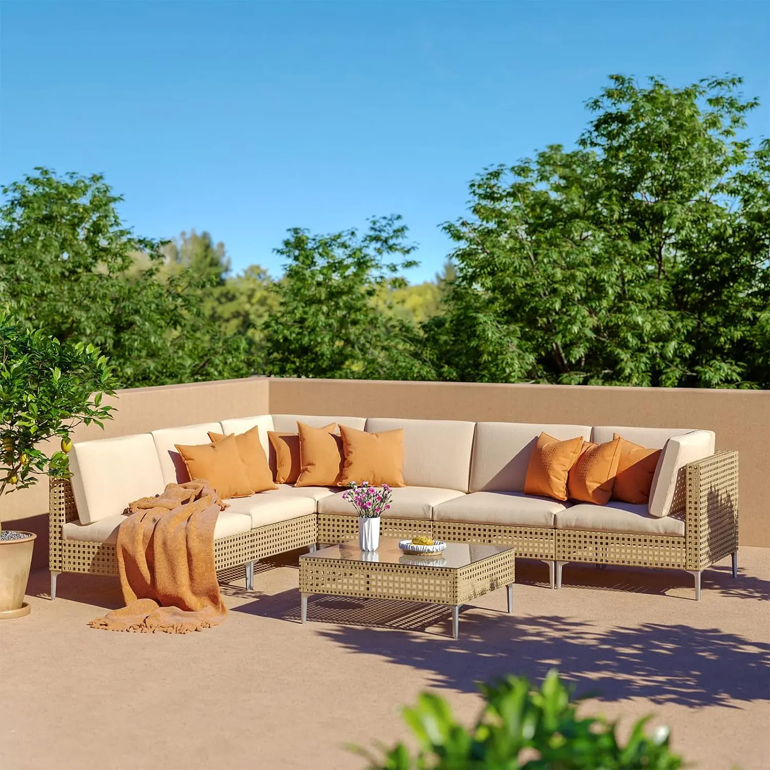 GRAND PATIO 7-Piece Outdoor Patio Furniture Set, All-Weather Wicker Sectional Sofa with Thick Beige Cushions, Modern Metal Coffee Table for Patio, Deck, Porch & Garden