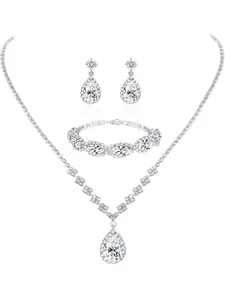 One Set Silver Bridal Jewelry Set Rhinestone Necklace Bracelet Dangle Earrings for Bride Bridesmaid Teardrop Pendant Crystal Wedding Prom Jewelry Accessories for Women