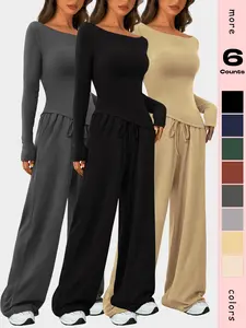 Women's Solid Color Fitted Knit Long Sleeve Tee & Wide Leg Pants Loungewear Set, Casual Style Comfy Top & Trousers Pajama Set, Ladies Sleepwear for All Seasons