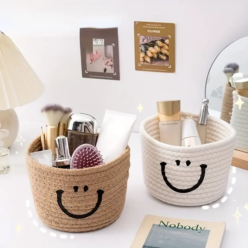1pc Smile Woven Storage Basket - Compact Organizer for Cosmetics, Brushes, Pens - Perfect for Desk, Office, Dorm Decor, Shelf Baskets