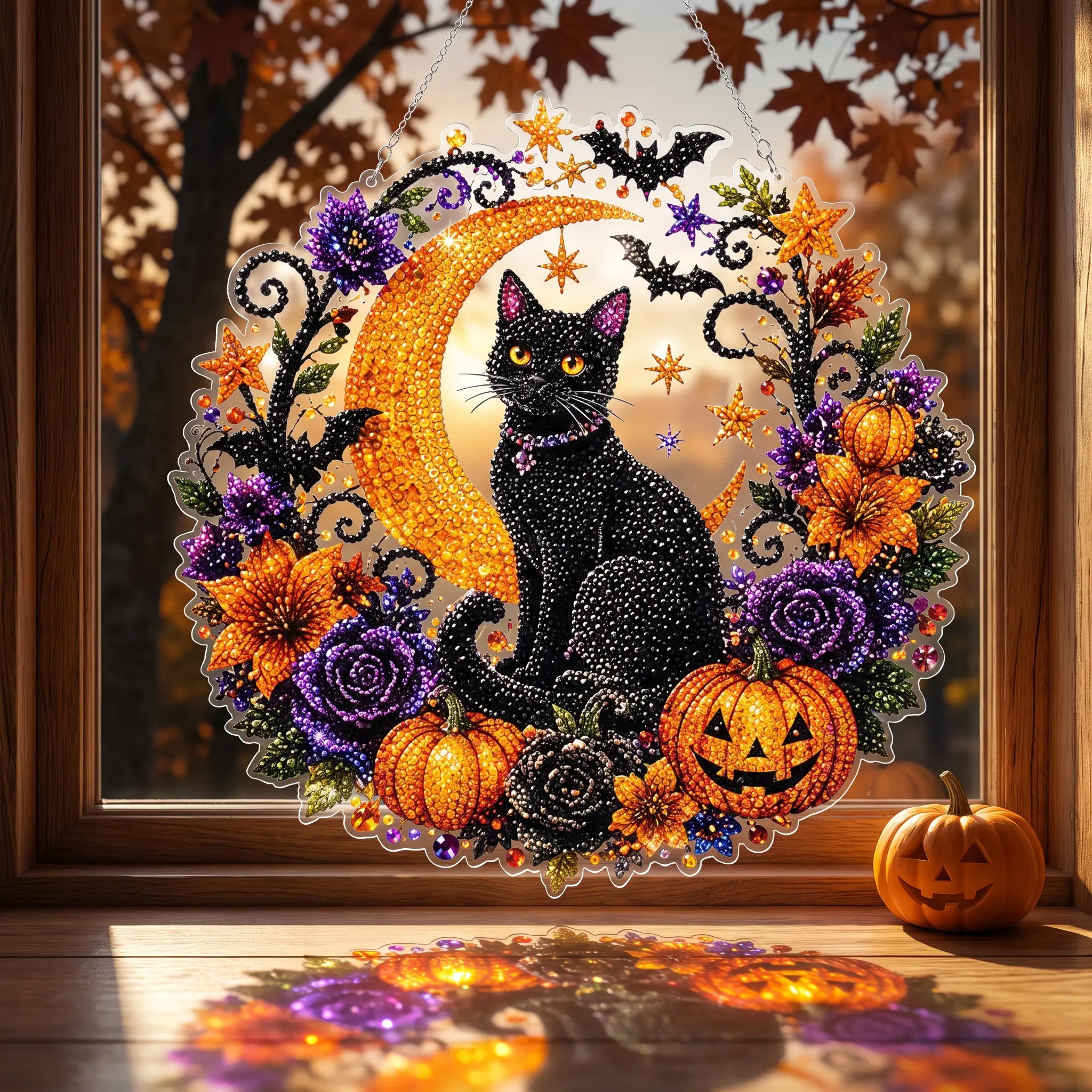 【SummerWins】Halloween Black Cat Diamond Art Hanging Sign, DIY Crystal Rhinestone Wreath Wall Hanging Ornament, Pumpkin Moon Bat Diamond Painting Door Decor for Home Front Door Decoration