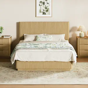 Queen Size Platform Bed Frame with LED Lights and Headboard, Modern Wooden Corrugated Curved Lines, Convex Groove Board Design, Oak.