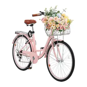 Fathersdaygift 26-Inch 7-Speed Pink Cruiser Bike with Large Capacity Basket Rack, Secure Sturdy Build, Adjustable Seat, Ideal for Cycling, Shopping, 26 Inch Bike, City Bike Frame, Bike Accessoriesdealsforyoudays