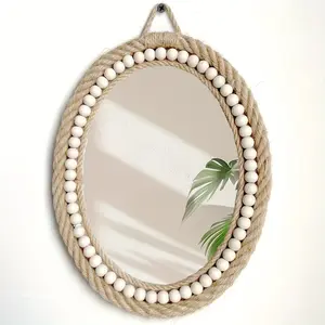 1pc Viral Boho Jute Wood Beaded Oval Wall Hanging Mirror Dressing Mirror Vintage Rustic Mirror Soft Bedroom Living Room Aesthetic Decor