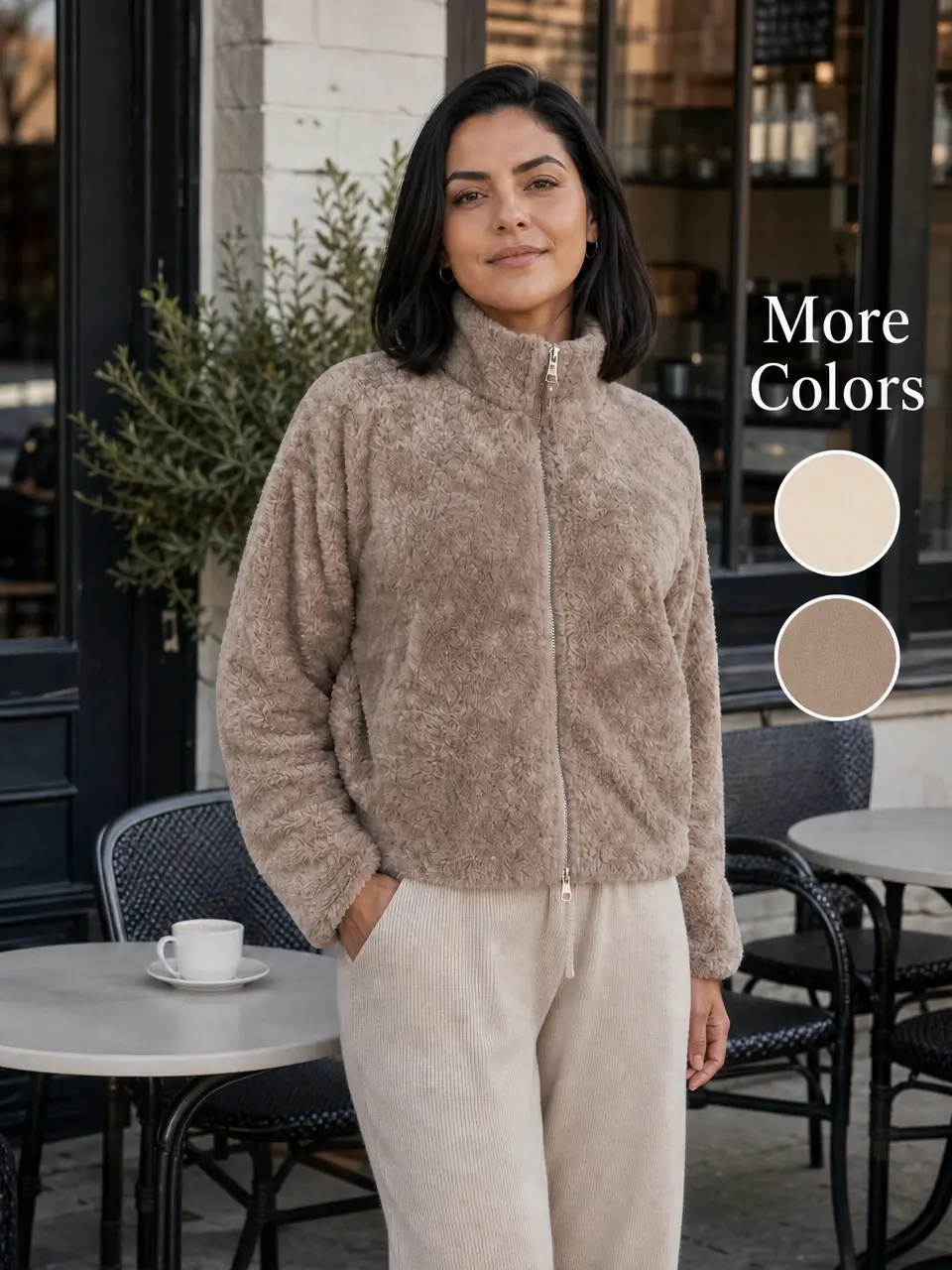 Women Short Stand Collar Zip Up Teddy Fleece Jacket, Long Sleeve Granular Plush Faux Shearling Winter Casual Coat