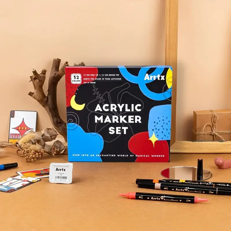 Arrtx Acrylic Paint Pens Set Pack - 32/36-Color Brush Tip Painting Tools for Rock, Wood, Ceramic - Office Art Supplies for DIY Enthusiasts, Artistic Creation to Enhance Artistic Expression on Glass, Canvas, Creativity