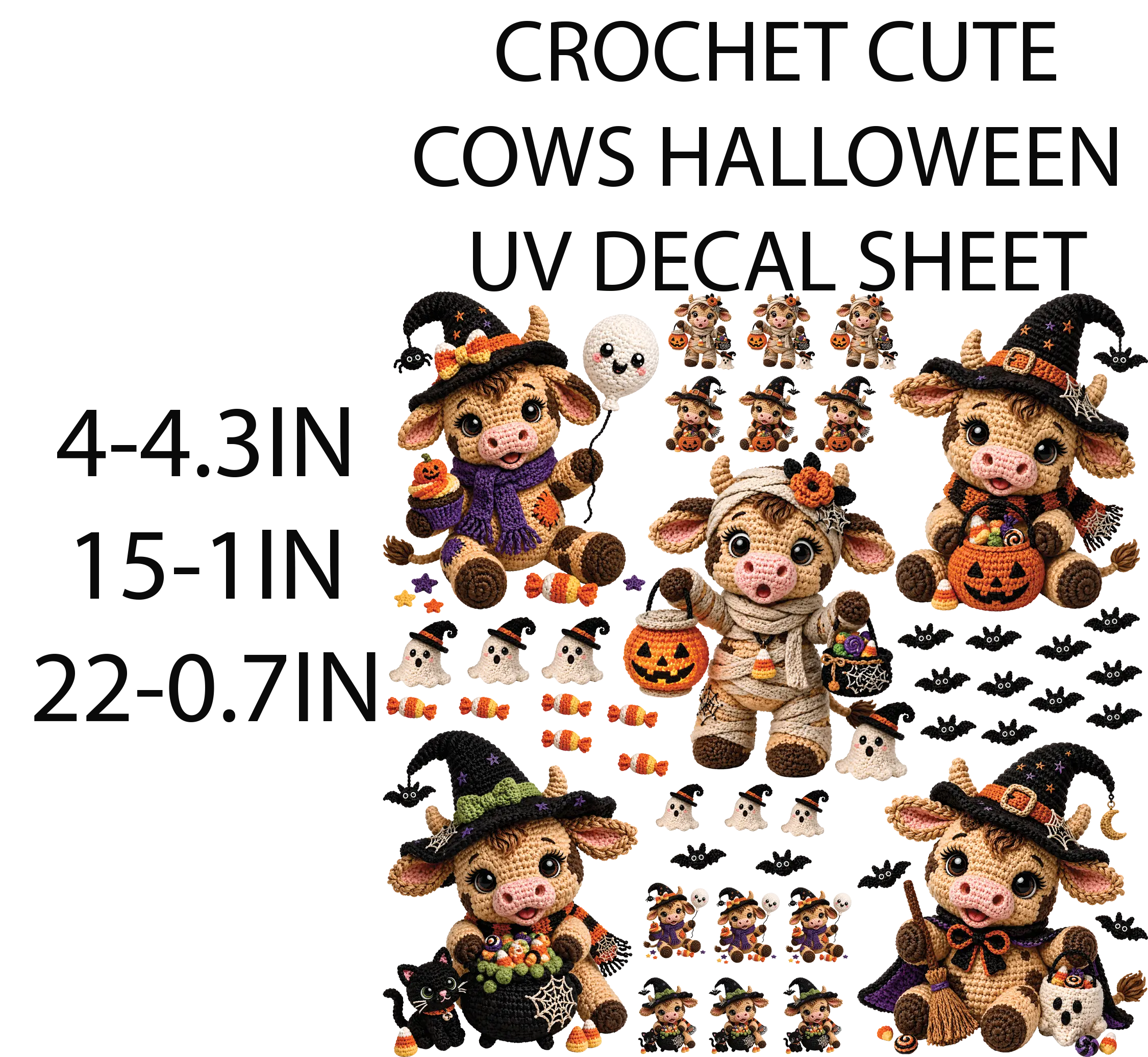 Cute Crochet Cow Halloween UV Decal Sheet, Adhesive Stickers for Hard Surfaces (DIY Scrapbooking & Stamping Supplies)
