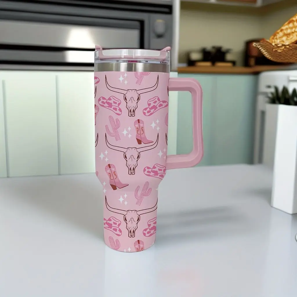 Pink Western Longhorn Tumbler with Handle – Cowgirl Boots, Hat and Cactus Travel Cup