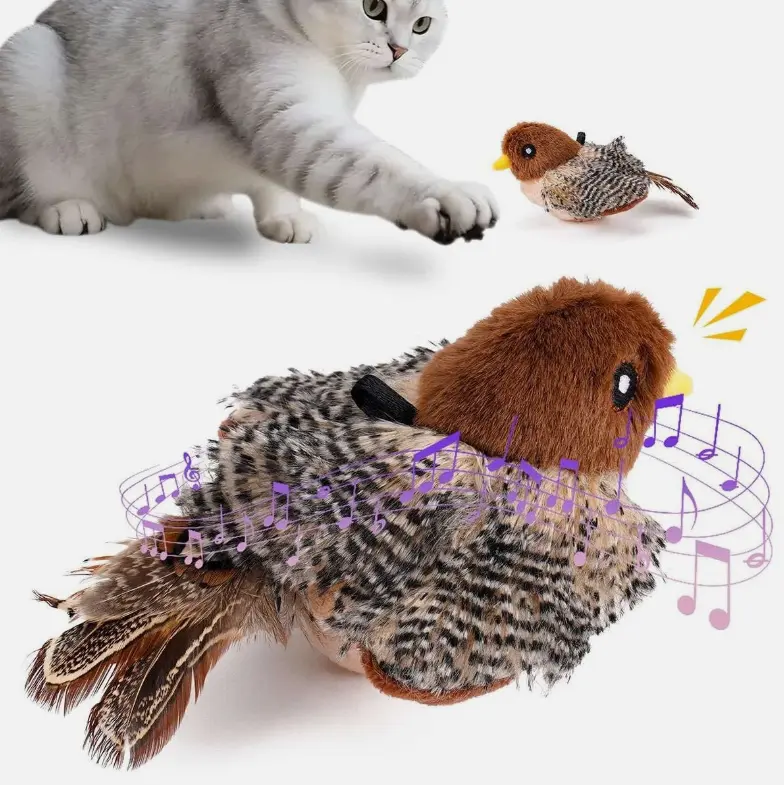 Interactive Chirping Bird Cat Toy with Realistic Bird Calls & Flapping Movement for Active Play Gray Feather Polyester Fiber PP 10x7 cm
