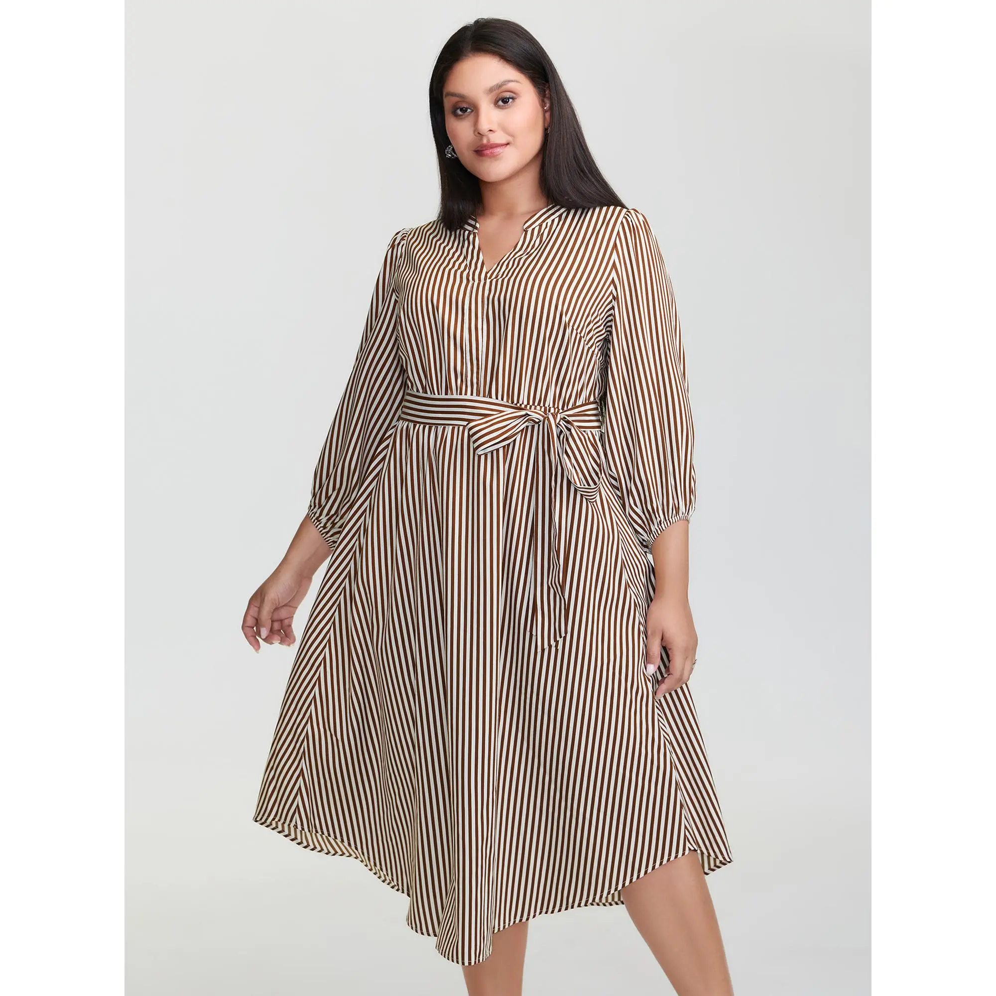 BLOOMCHIC Plus Size Stripe Print Pockets Belted Midi Dress[M-6X] Back To School,Spotlight Day