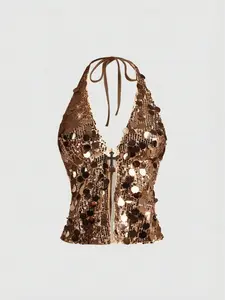 Y2K Sequin Halter Top for Women – Grunge Punk Cross Pendant Festival Top