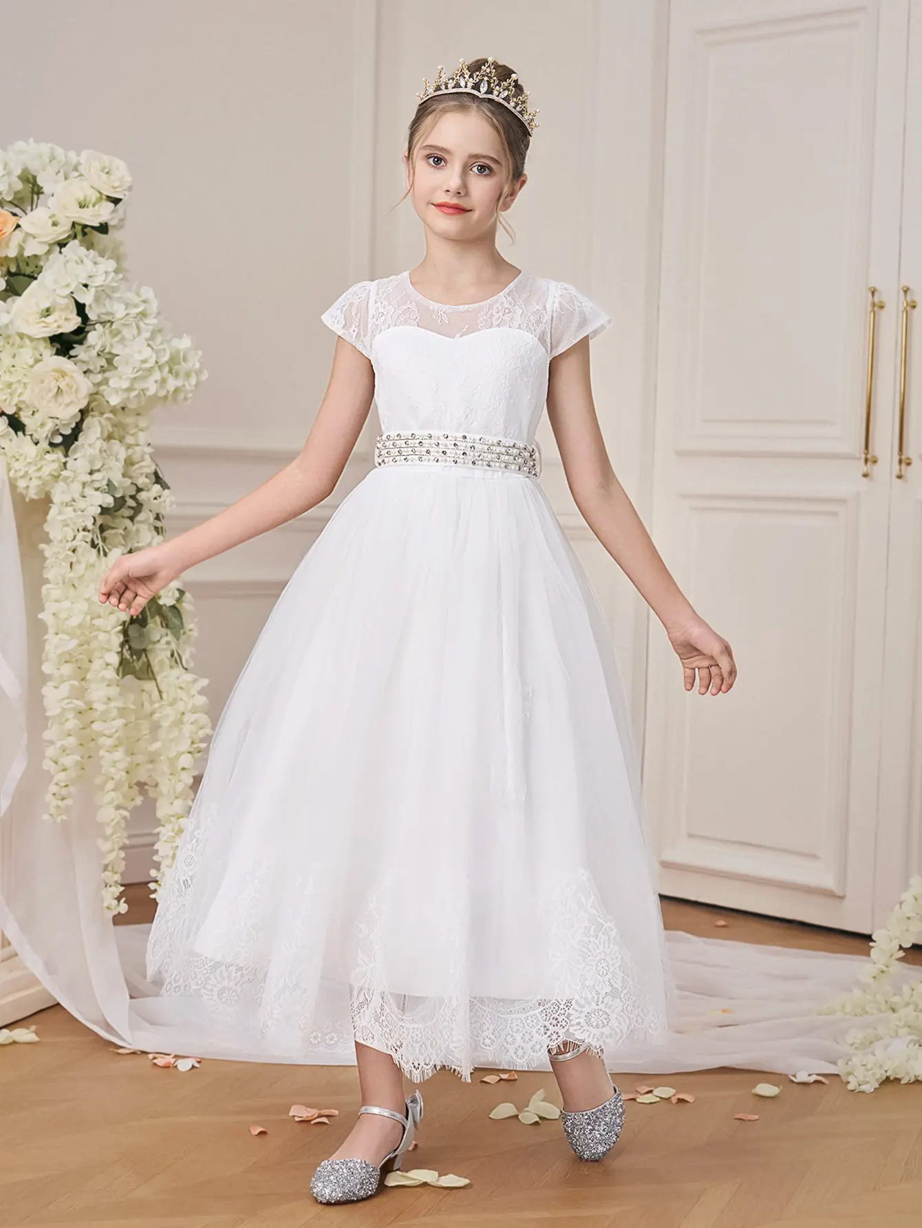 7-12Y White Lace 0061 Kids Clothes Tulle Beading Flower Girls Princess Backless Long Ball Gown Frock Beading Lace Mesh Ball Gown Children Formal Evening Party Banquet Pageant Prom Host Cocktail Dress