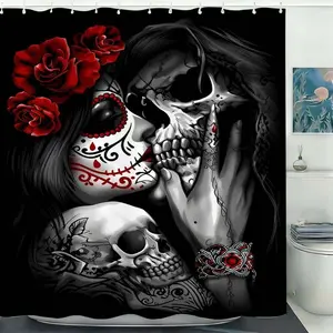 1PC Gothic Skull Red Rose Sugar Skull Design Decorative Shower Curtain Dark Romantic Art Living Room Bedroom Wall Decor Aesthetic Fabric