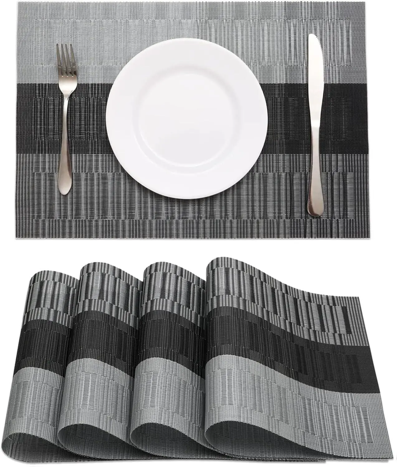 Black Placemats Set of 4 Heat-Resistant Washable Place Mats Non-Slip Vinyl Woven Table Mats Wipeable Placemat for Kitchen Dining Table Decoration Indoor Outdoor Coasters Reusable Tableware