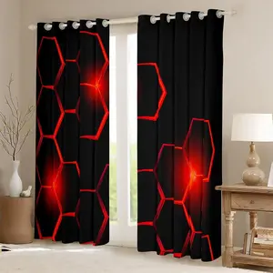 Honeycomb Decorative Curtain, Modern Hexagon Window Curtain, Geometrical Blackout Curtains, Beehive Geometric Black Red Bedroom Window, Curtain Panels, Easy To Hang