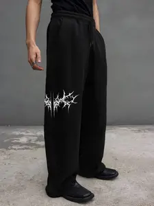 Men's Loose Wide Leg Pants, Thorn Pattern Print, Cyberpunk Street Style, Casual Elastic Waist Design, Summer Daily Wear
