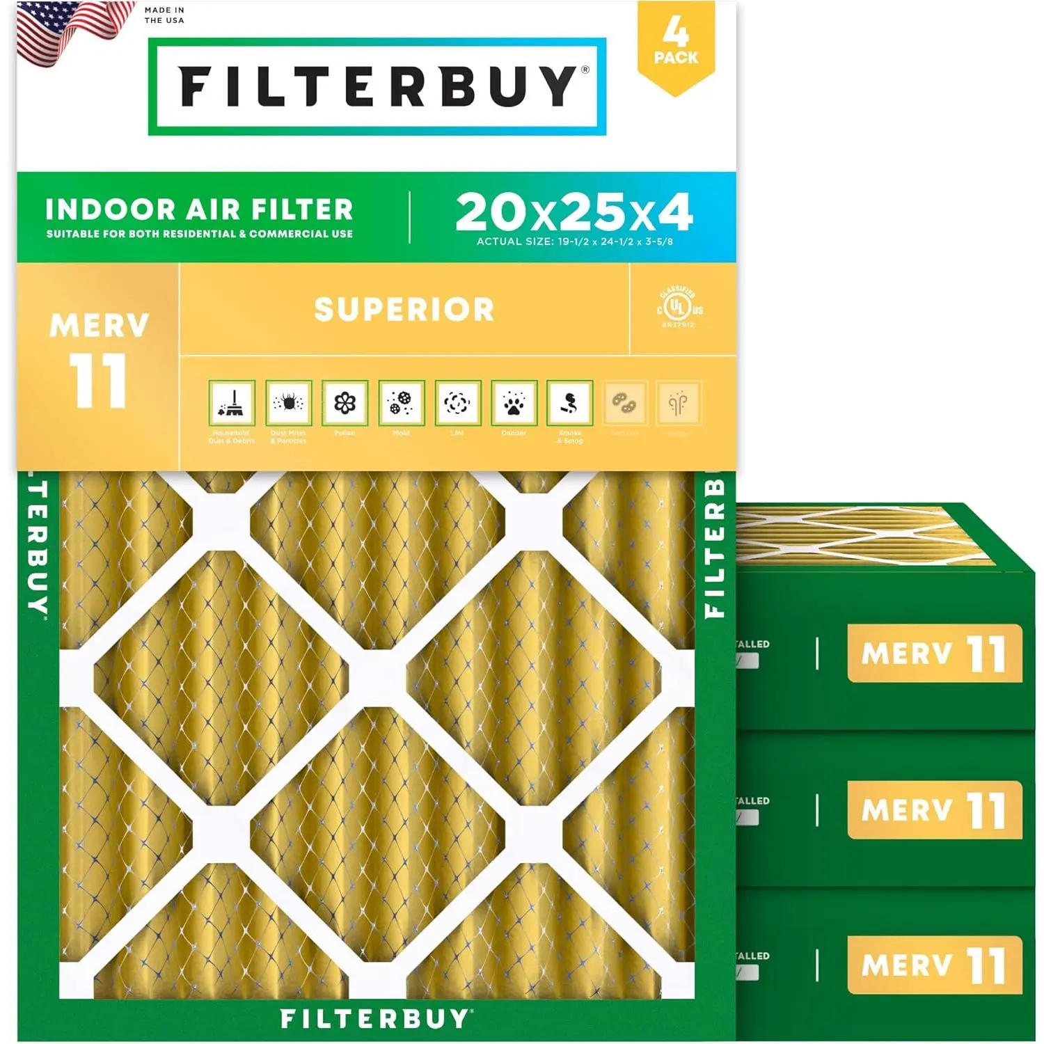Filterbuy 20x25x4 HVAC AC Furnace Replacement Air Filter (4-Pack), Pleated MERV 11 Allergen Defense (Actual Size: 19.50x24.50x3.63 in)