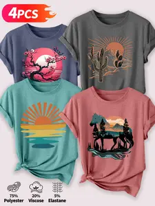 4Pcs Women's Crew Neck T-Shirts, Cherry Blossom Cactus & Scenic Horse Print Set, Multiple Colors Available, Machine Washable, Spring & Summer Tops, Soft Skin-Friendly Fabric, Daily Versatile, Fashion Design