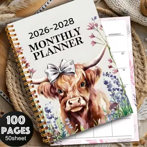 Floral Planner 1 2026-2028 Highland Cow Design | Weekly and Monthly Layout, Spiral-Bound Planner Notebook, Productivity planner, for Office, School, Home, Gift - Durable Paper Organizer, Sturdy Binding