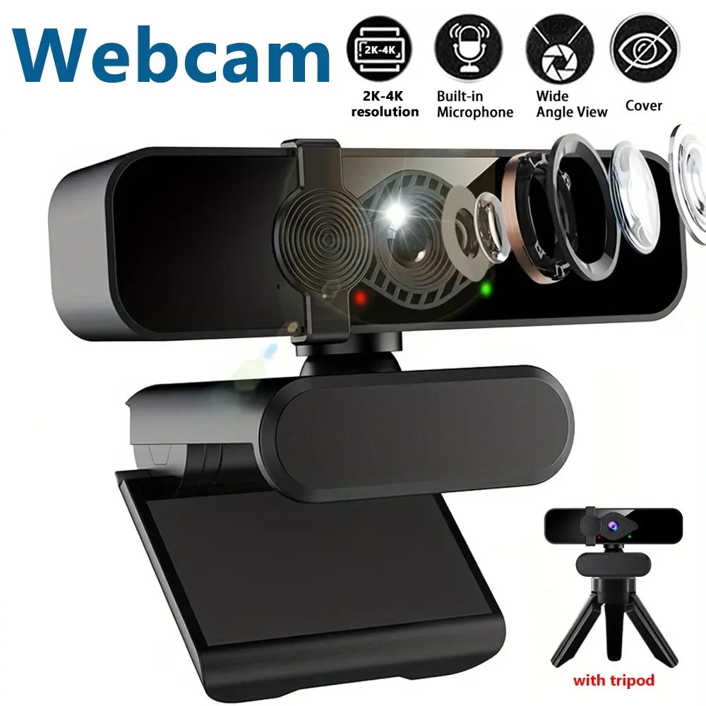 360° Rotatable Webcam 4K/2K Auto Focus Camera, Microphone, Wide Angle Lens & Privacy Cover - Plug Play USB Webcam for PC Laptop Zoom Meetings/Twitch Streaming