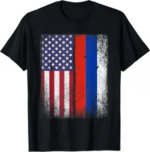 100% Cotton Russian American Flag T-shirt Russia Usa America Gift