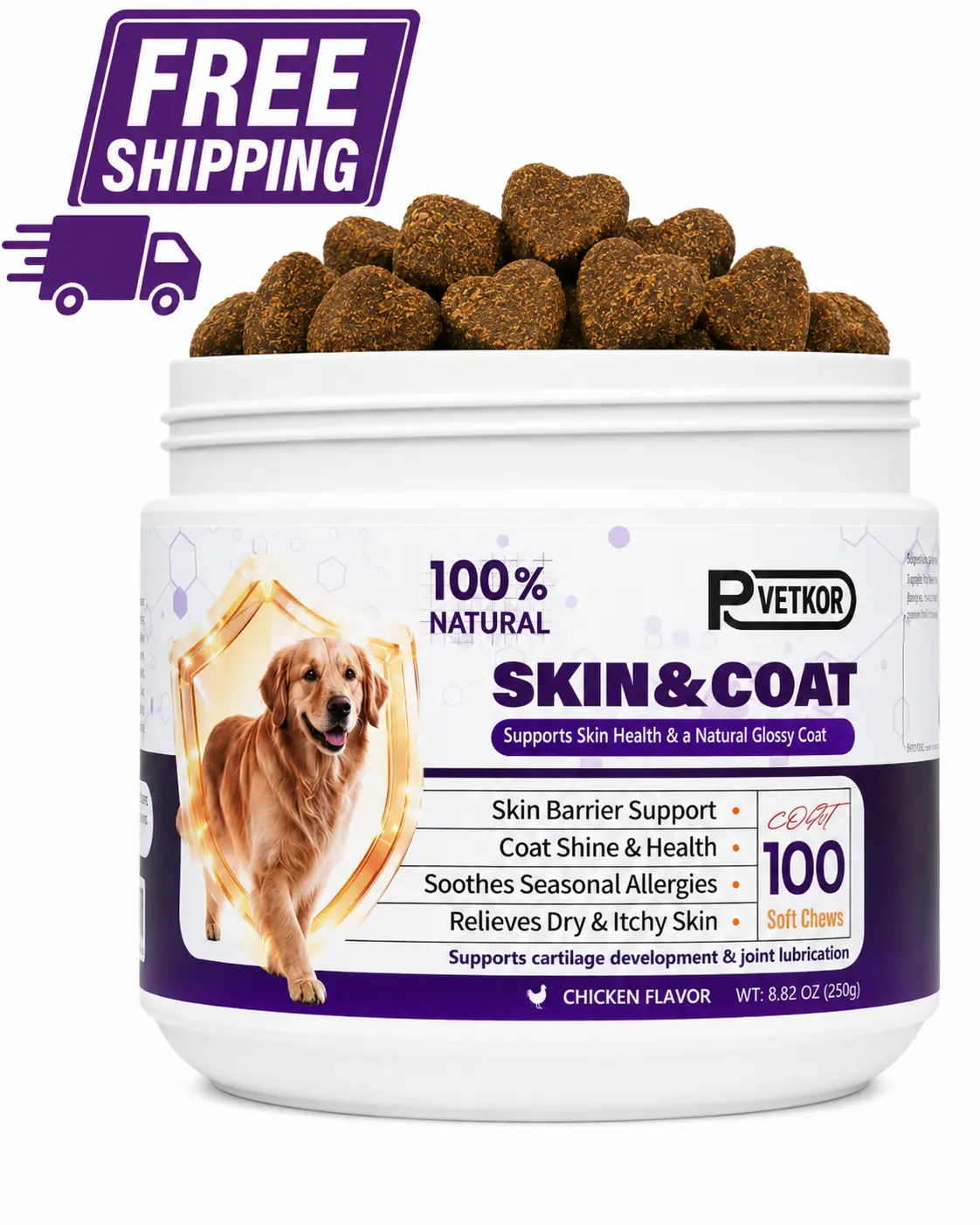 P-VETKOR  Dog Skin & Coat Supplement - Omega 3 & 6 Soft Chews with Salmon Oil, Flaxseed, Colostrum, EPA, DHA & Turmeric, Helps Itchy Skin, Dry Skin, Shedding & Healthy Coat for All Breeds