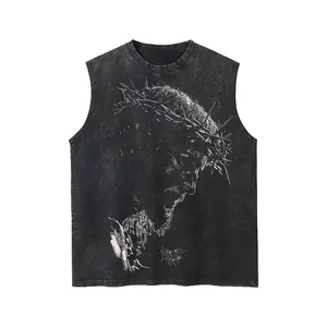 Men's Jesus Crown of Thorns Pattern Tank Top - Loose Fit 100% Cotton Distressed Black Christian Art Tank SpringStatements