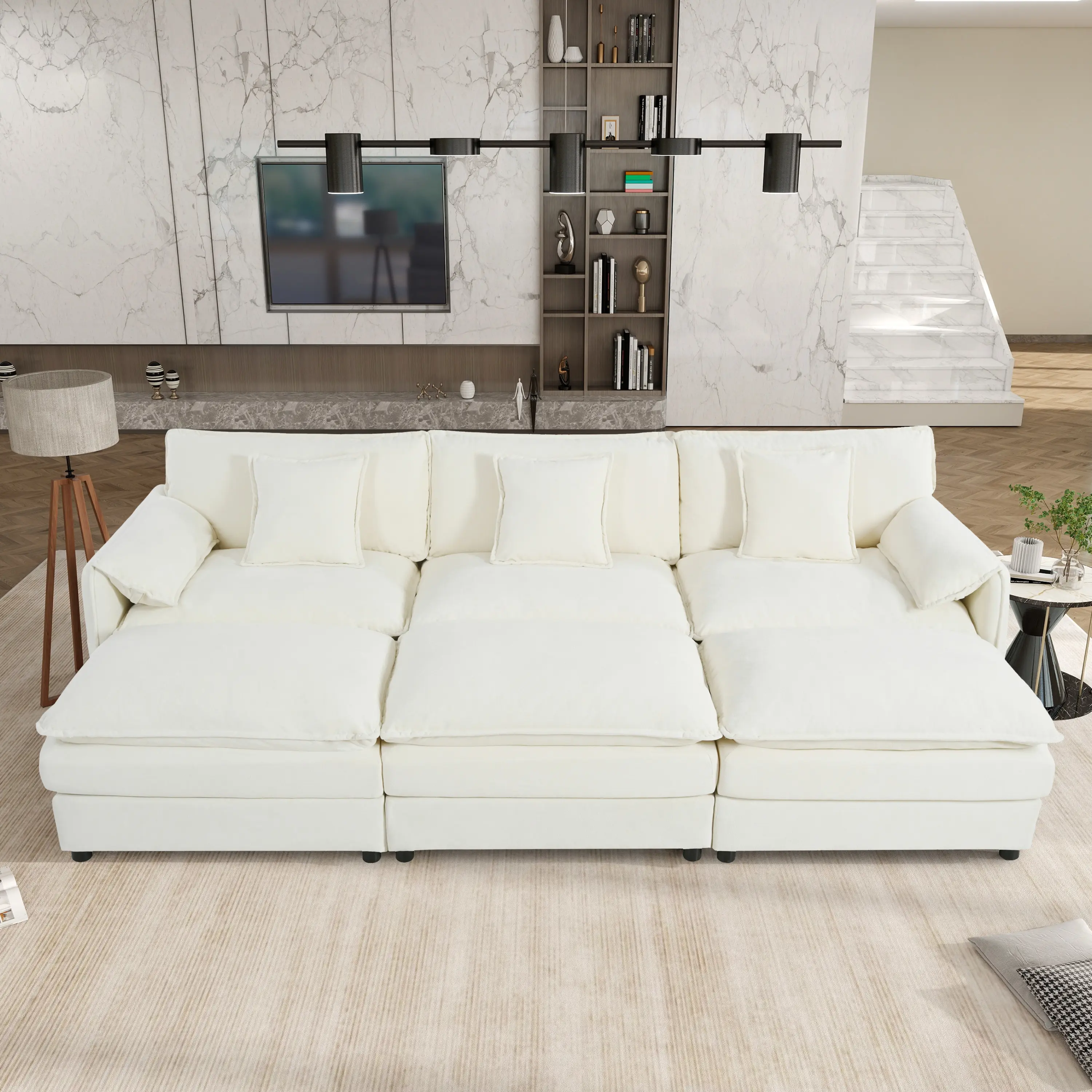 Chenille Fabric Oversized Modern Cloud Sectional Couch Sleeper - Sturdy, Durable, 29.92-in Seat Depth, 3 Ottomans, Soft Foam Cushions & Pillows, DIY Modular Assembly, Multiple Seats, Apartment Living Room Couch Bed