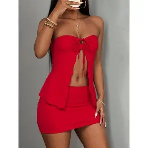 Women's Solid Color Minimalist Tube Top & Skirt Two-Piece Set, Fashion Casual Tie Shoulder Top & Bodycon Skirt for Daily Outdoor Wear, Ladies Clothes for Summer