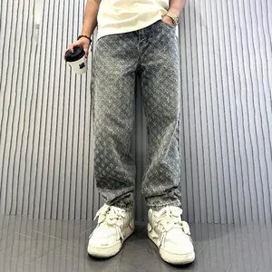 2026 Jacquard Full Print Trendy Design Jeans Loose Wide Leg Men's Pants