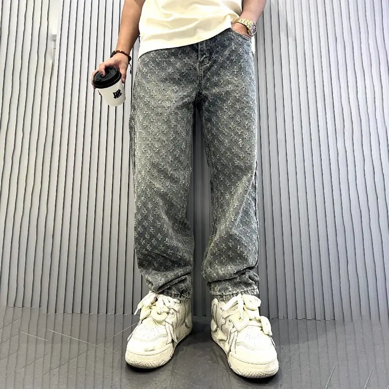 2026 Jacquard Full Print Trendy Design Jeans Loose Wide Leg Men's Pants
