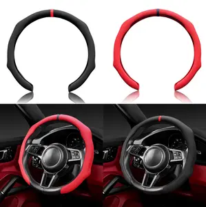 Nappa Leather Car Steering Wheel Cover, Sport Vehicle Steering Wheel Protector Fitting 15 Inch, Non-Slip Comfortable Automotive Interior Decoration Accessories, Universal for Most Cars (Red)