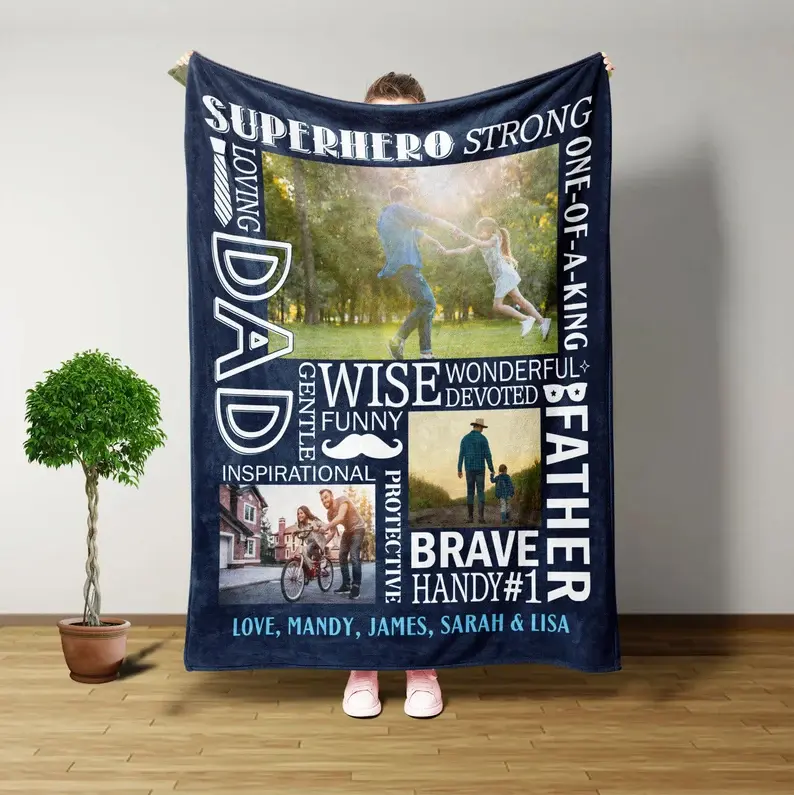 Personalized Dad Photo Blanket - Custom Polyester Fleece Throw with Plush Texture, Father’s Day Keepsake Gift, Family Photo Home Decor (Custom Blankets for Dads), Personalized Blankets